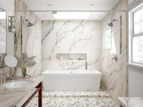 Bathroom with white marble walls